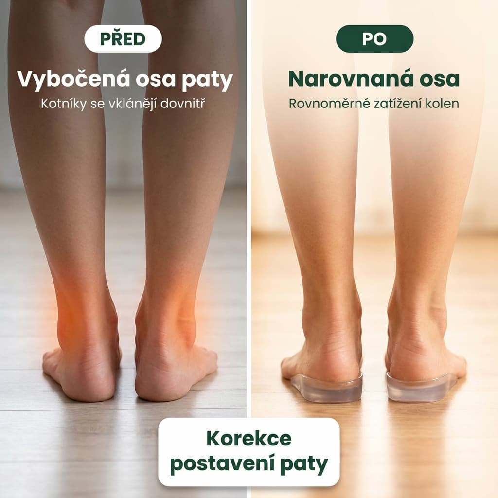 Korekční podpatěnky před a po – narovnání osy paty a rovnoměrné zatížení kolen